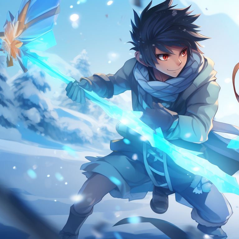 Two characters in battle poses, snowy background and cool colors, armed with icicle swords. creative matching christmas tiktok pfp pfp for discord.