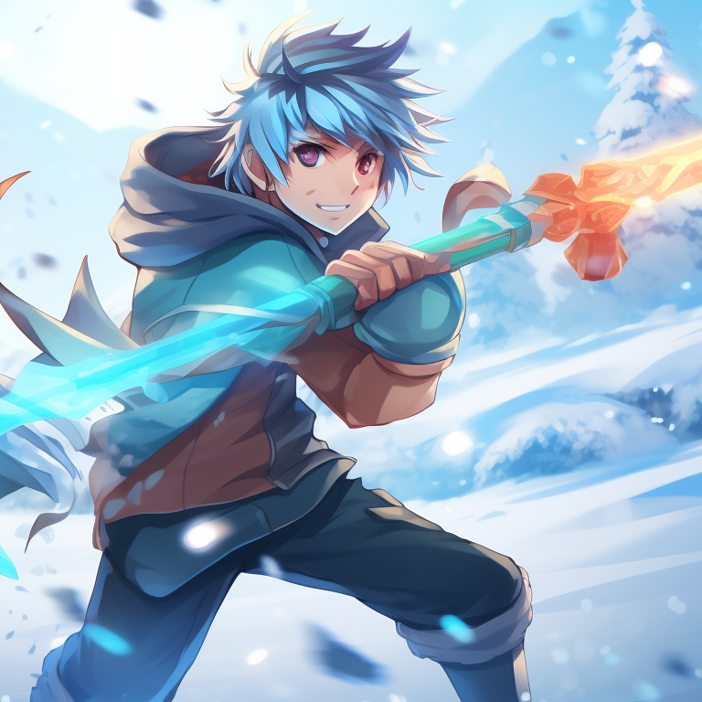 Two characters in battle poses, snowy background and cool colors, armed with icicle swords. creative matching christmas tiktok pfp pfp for discord.