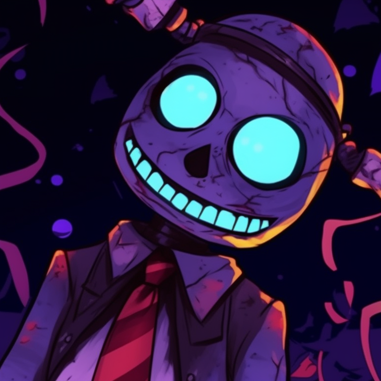 Two FNAF characters in confrontation, intense expressions and fiery colors, against a dimly lit Halloween themed backdrop. matching fnaf halloween profile images pfp for discord.