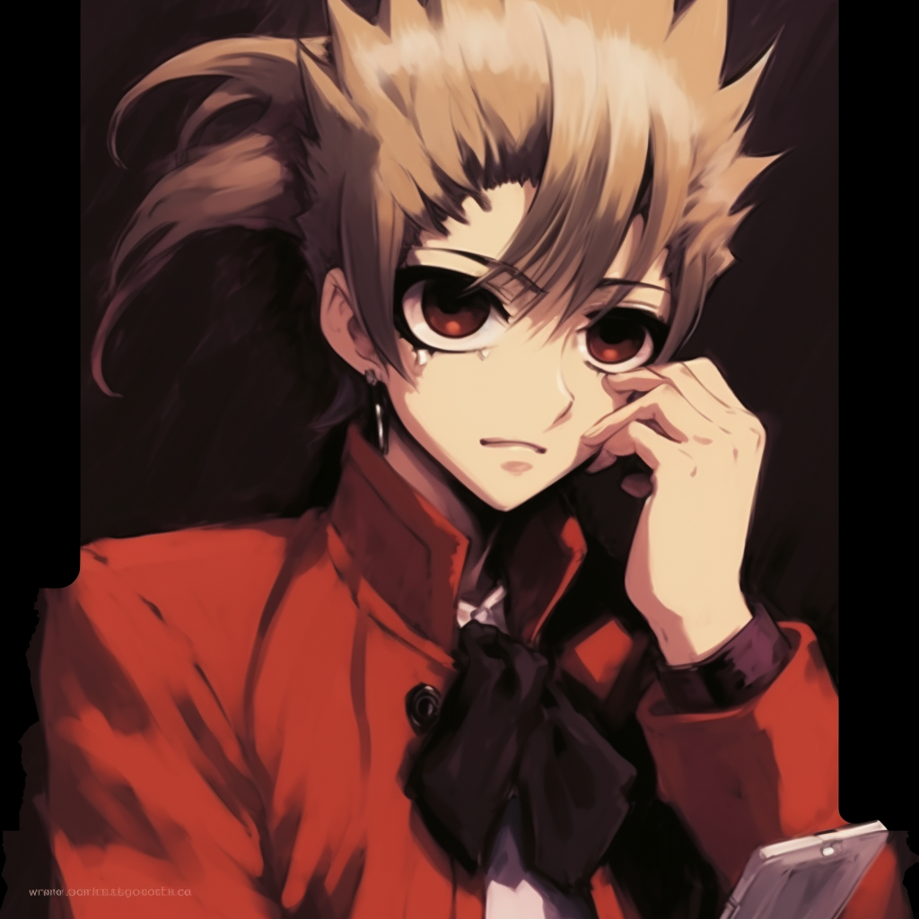 Close-up of Vash showcasing his distinctive facial features and a pair of yellow-tinted sunglasses. unseen y2k anime pfp
