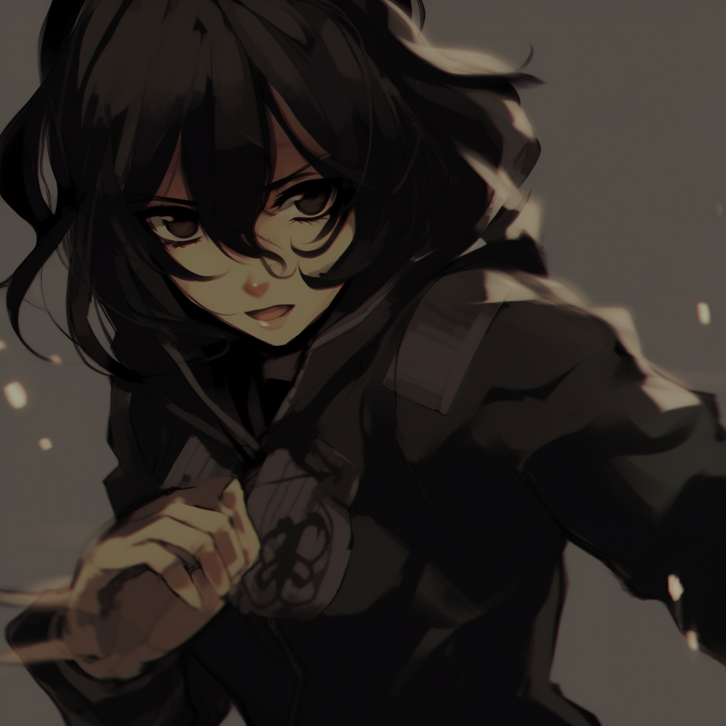 Close-up of a female character's captivating gaze, deep, dark tones enhance the intense expression. anime pfp dark highlighting female characters pfp for discord.