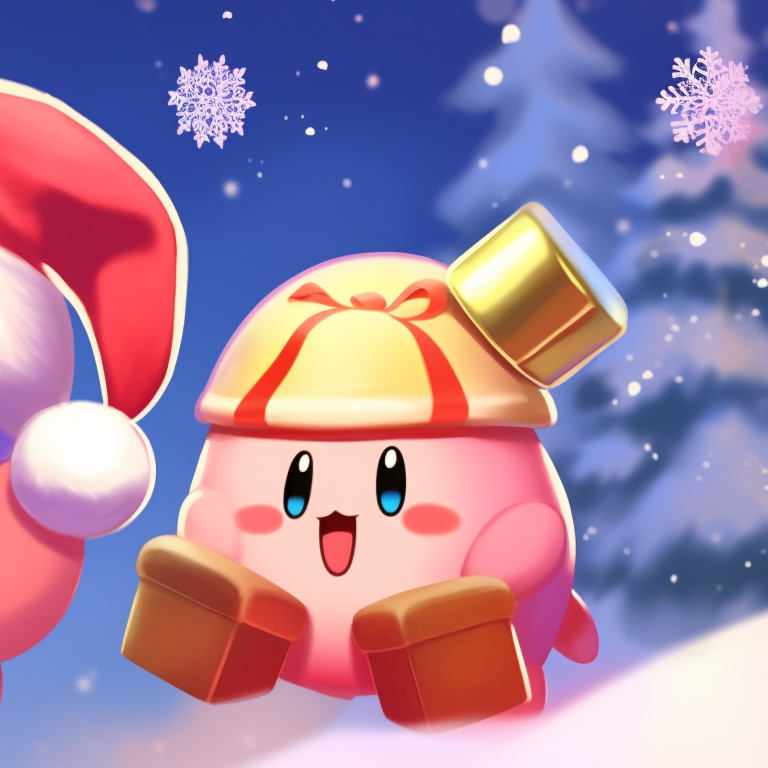 Two Kirby characters, holiday outfits and shimmering highlights, cheerfully clinking beverage cups. matching kirby christmas pfp ideas pfp for discord.