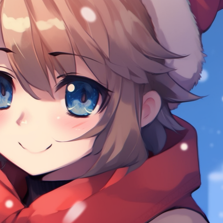 Two characters in cozy winter outfits, vibrant colors, sharing a present. christmas matching pfp ideas pfp for discord.