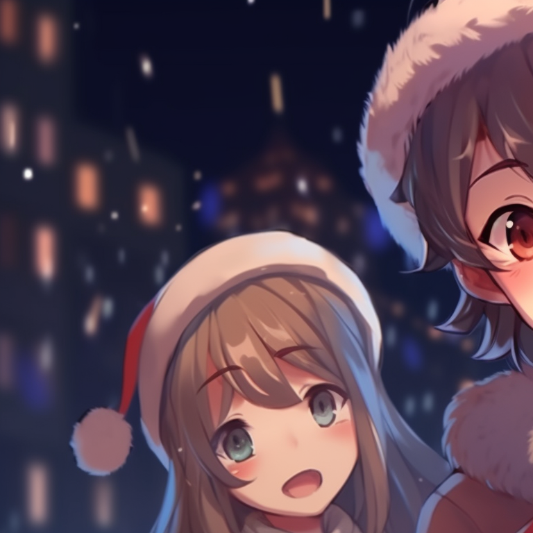 Two characters caroling together, warm tones and festive background, simultaneous actions. adorable boys and girls matching christmas pfp pfp for discord.