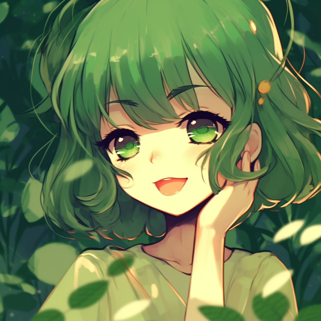 An anime girl amidst a flourishing green background, depicted with whimsical art style. verdant green anime pfp girl