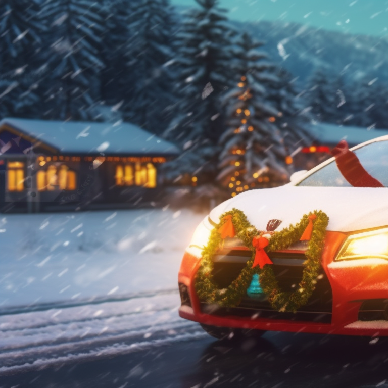 Close-up view of two characters, faces illuminated by twinkling Christmas lights inside a quaint car. optimized christmas car images pfp for discord.