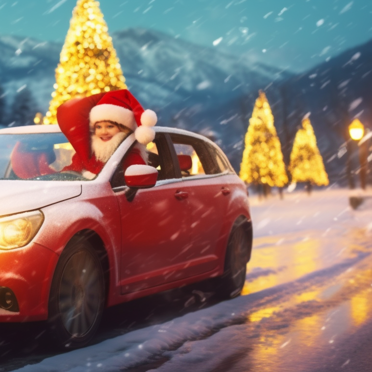 Close-up view of two characters, faces illuminated by twinkling Christmas lights inside a quaint car. optimized christmas car images pfp for discord.