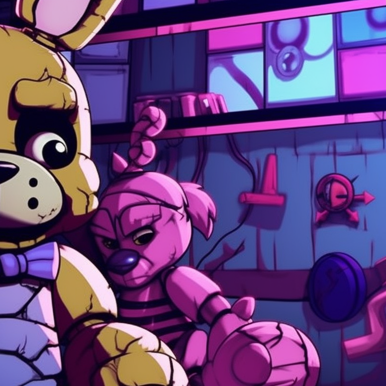 Two FNAF characters at an arcade setting, neon color palette and retro vibe. fnaf matching pfp character pairing pfp for discord.