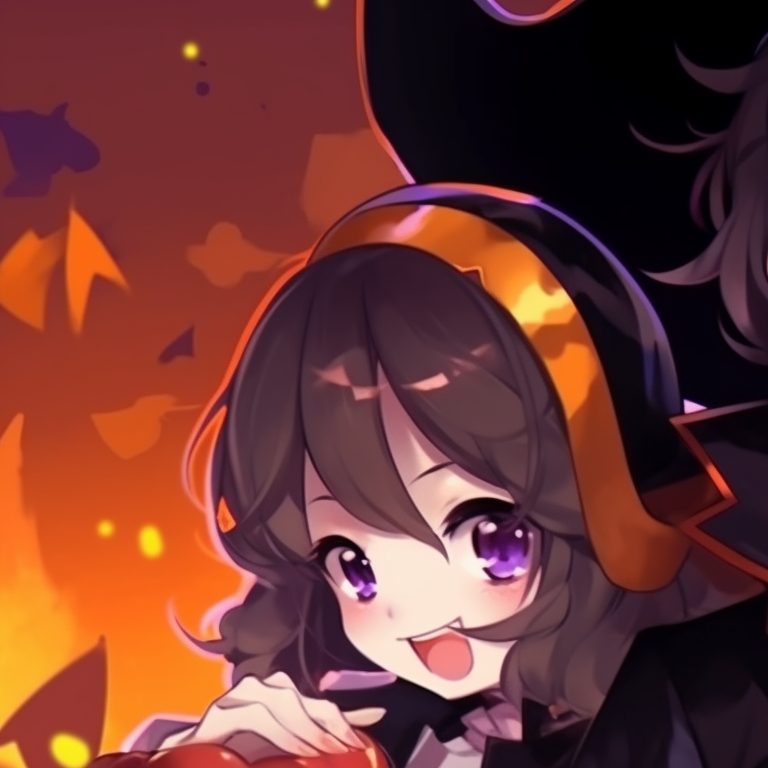 Two characters in matching witch outfits, bold black and purples, cauldron in the background cute matching pfp for couples halloween styled pfp for discord.