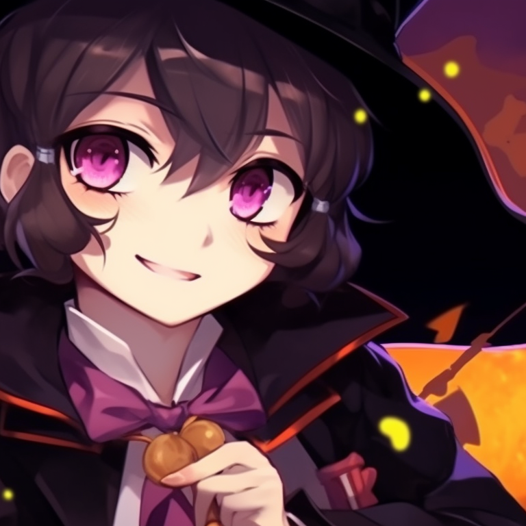 Two characters in matching witch outfits, bold black and purples, cauldron in the background cute matching pfp for couples halloween styled pfp for discord.