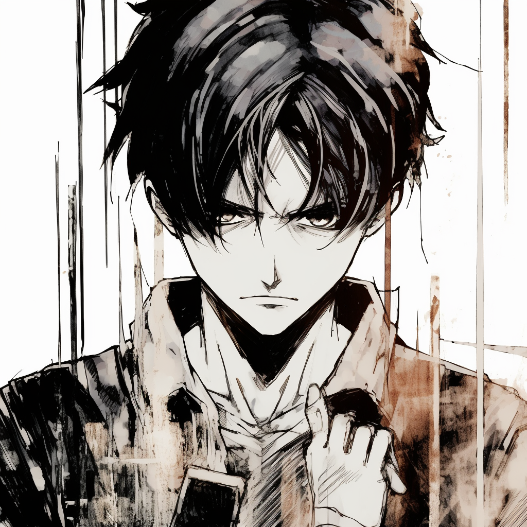 Detail of Levi Ackerman's face with sharp gaze, dynamic composition and fine details. top rated manga anime pfp pfp for discord.