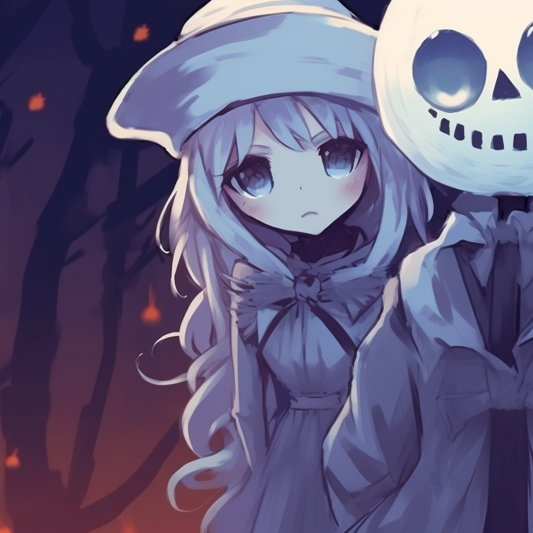 Two characters in ghostly Christmas attire, using ethereal color tones and blurry lines, surrounded by chilling winter backdrop. unique anime christmas pfp blending halloween theme pfp for discord.