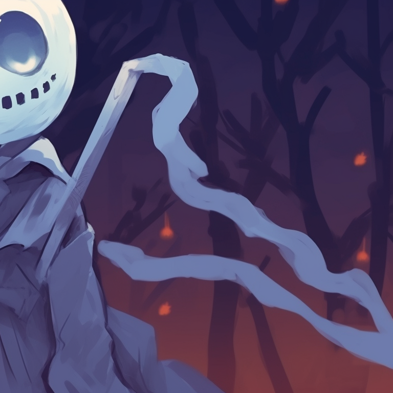 Two characters in ghostly Christmas attire, using ethereal color tones and blurry lines, surrounded by chilling winter backdrop. unique anime christmas pfp blending halloween theme pfp for discord.