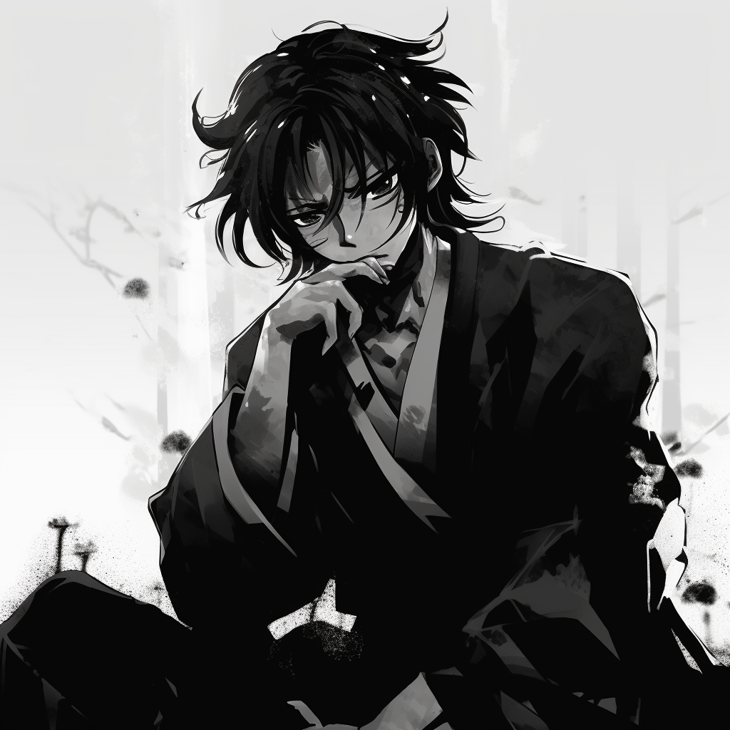 Samurai character in a somber pose, black and white style heightening the emotion. creative black and white anime pfps
