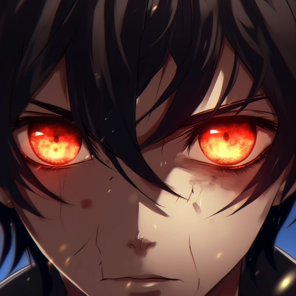 X-ray version of the anime boy with icy eyes, showcasing inner light and shadow gradients. unique anime eyes pfp boy drawings