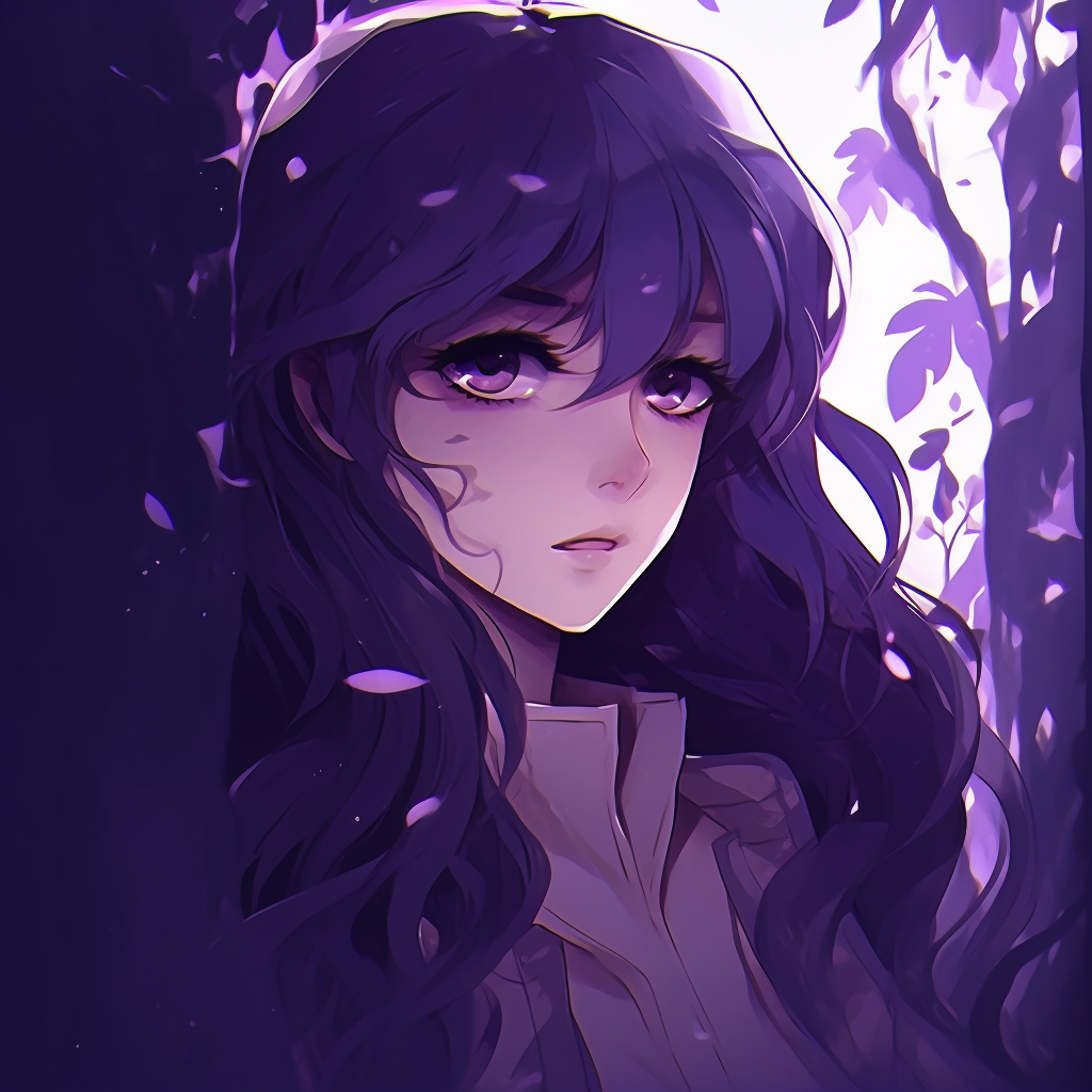 Serene anime character enveloped in purple, with soft coloring and delicate lines. cool anime purple pfp pfp for discord.