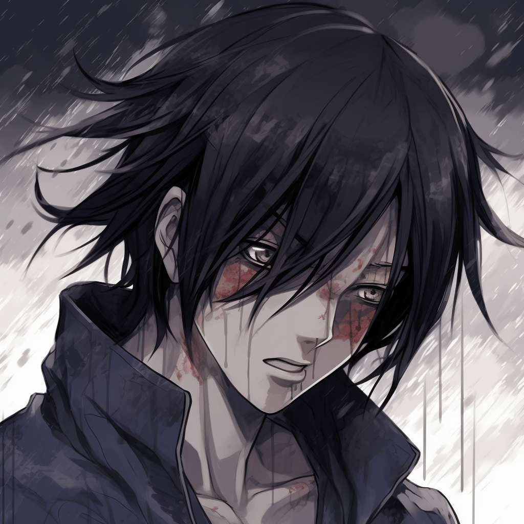 Close-up image of Sasuke, with an emphasis on his tearful eyes and the fine detail in his hair. popular depressed anime characters pfp pfp for discord.