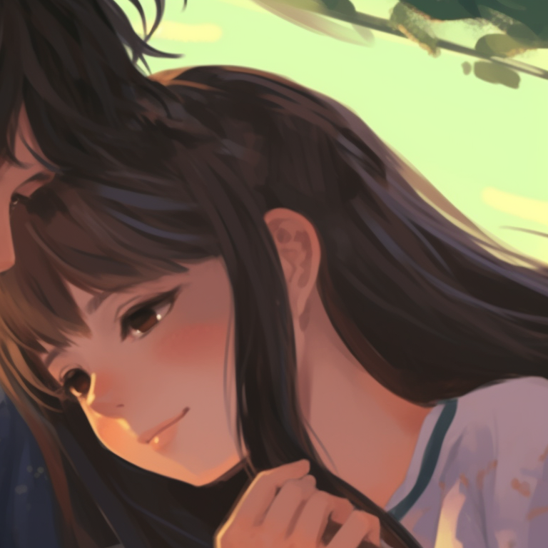 Two characters bathed in the warmth of the sun, a scene of lush greenery and soft colors. aesthetic matching pfp for bf and gf pfp for discord.