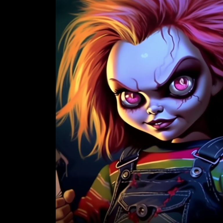 Chucky and Tiffany, dark background with Halloween elements, sinister expressions. matching pfps with chucky and tiffany halloween theme pfp for discord.
