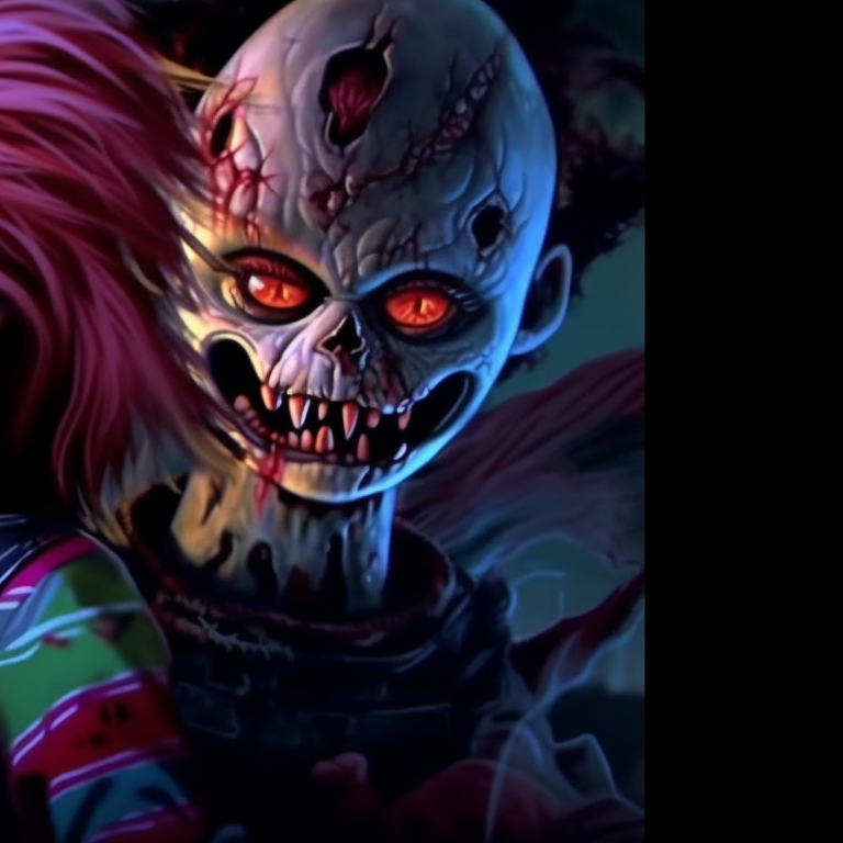Chucky and Tiffany, dark background with Halloween elements, sinister expressions. matching pfps with chucky and tiffany halloween theme pfp for discord.