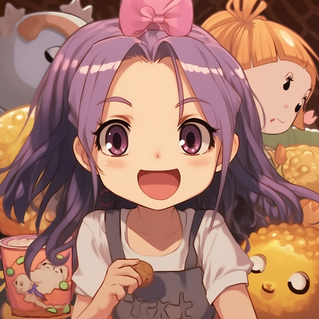 Anime girl eating snacks, brightly colored food items and satisfied expression. anime meme pfp with girl characters pfp for discord.