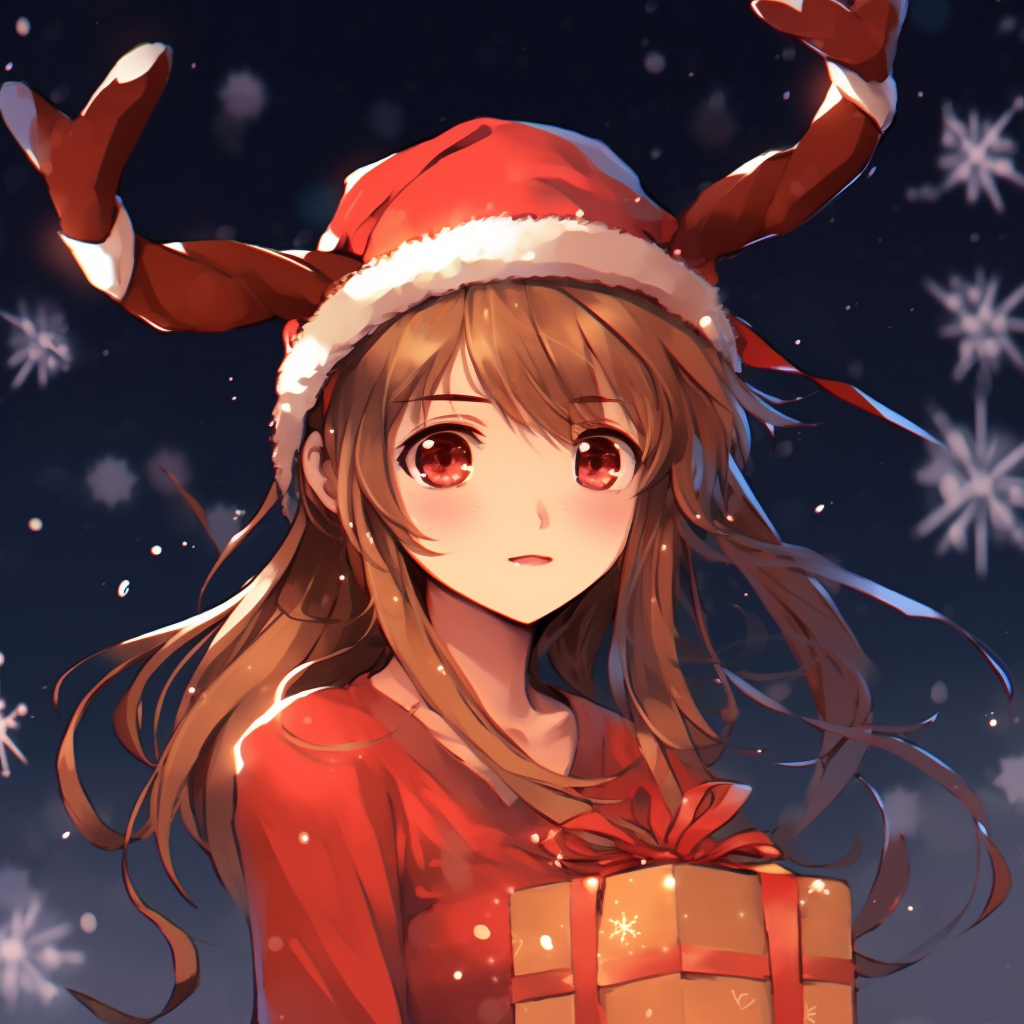 Anime girl in traditional Christmas attire, poised and charming, with crimson highlights. anime christmas pfp for girls