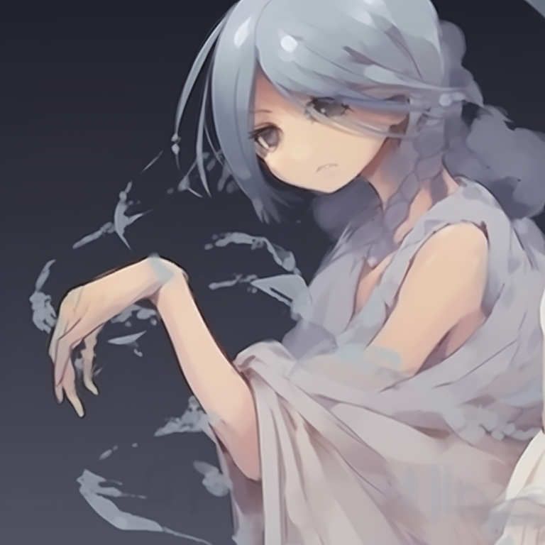 Two characters in ghostly garbs, pale colors and ethereal art, floating side by side. halloween anime pfp designs pfp for discord.