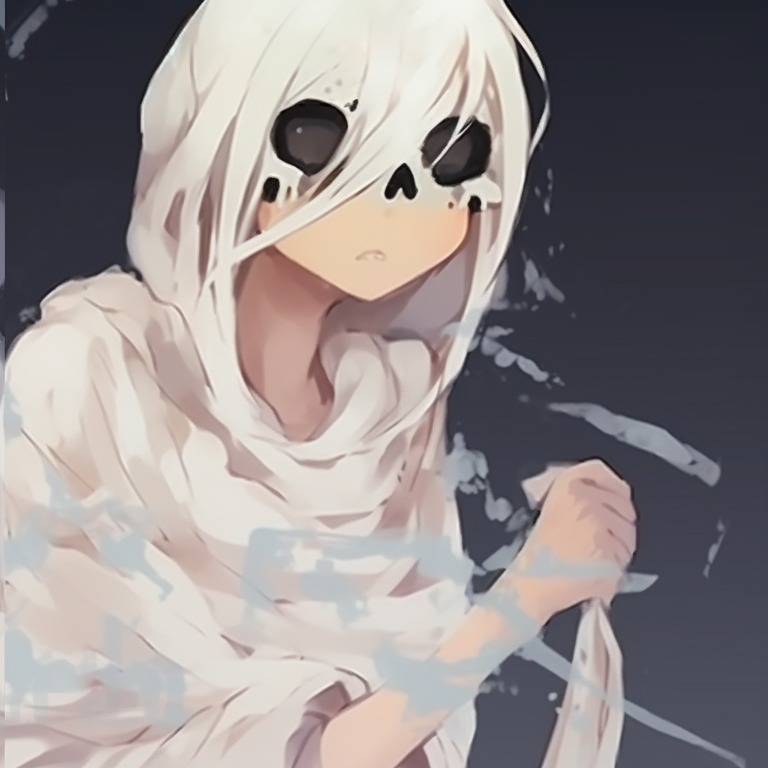 Two characters in ghostly garbs, pale colors and ethereal art, floating side by side. halloween anime pfp designs pfp for discord.