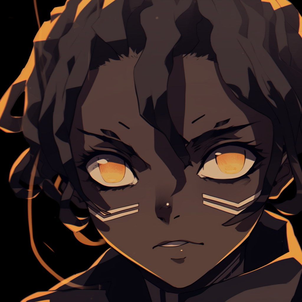 A black anime character laughing, showcasing vivid colors and fine dynamic lines of the character's features and attire. black anime pfp stylesHD, free download