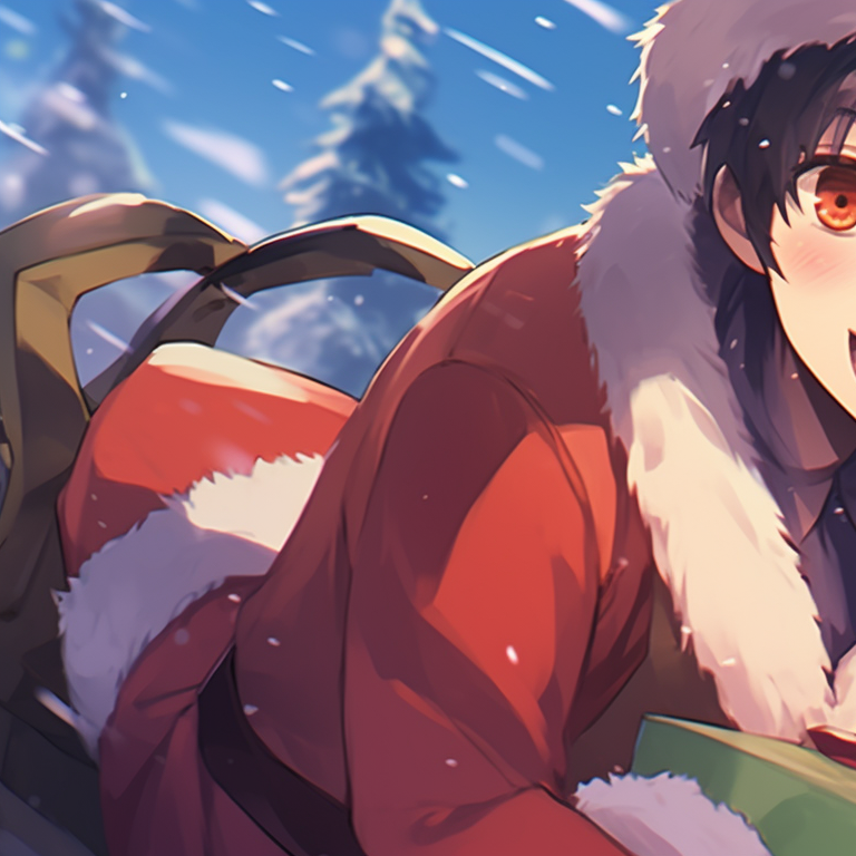 Two characters kissing under the mistletoe, scene has a romantic ambiance, soft colored-up to create a pleasing aesthetic. creative matching christmas discord pfp pfp for discord.