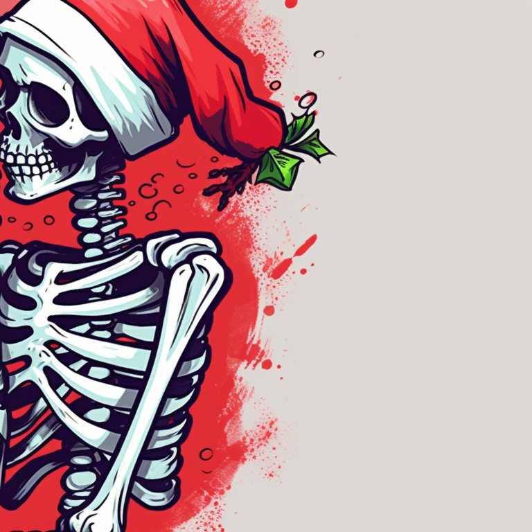 Two skeleton characters, high contrast and vivid expressions, exchanging Christmas gifts. matching christmas pfp skeleton kissing - animated display pfp for discord.