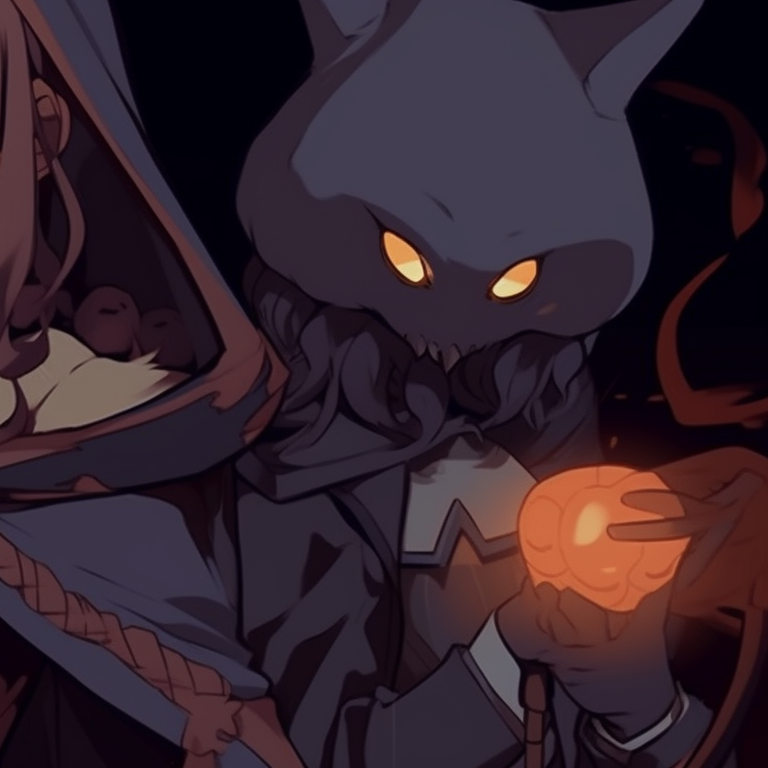 Two characters seen as silhouettes, adorned with glowing Halloween-themed accessories, set against a starry background. star wars matching pfp halloween concept pfp for discord.