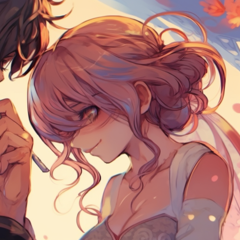 Two characters in adorable chibi style, characterized by the big eyes, oversized heads, and small bodies, in a playful setting. couples matching pfp discord ideas pfp for discord.