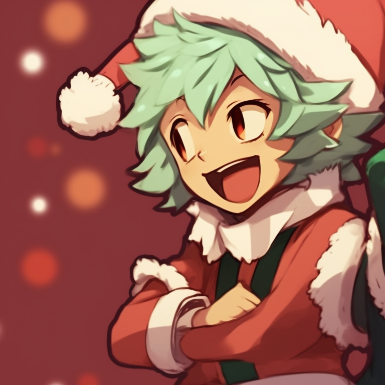 Two characters giving gifts to each other, emphasis on soft shading and their joyful expressions. my hero academia christmas pfps for monica pfp for discord.