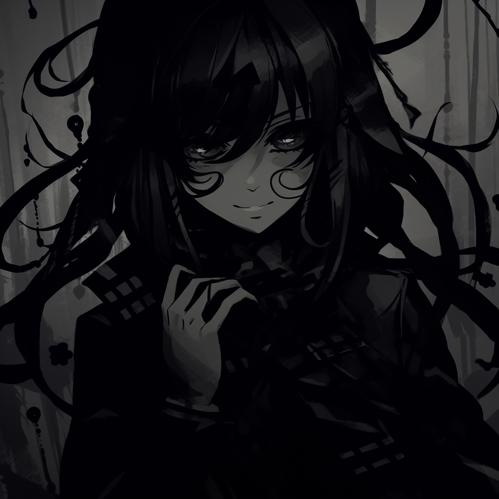 A female anime character adorned in shades of darkness, with intricate detailing in hair and attire. darkness anime pfp females pfp for discord.