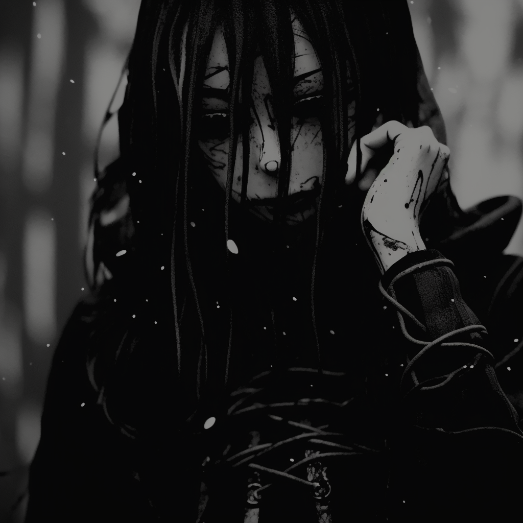 A dark aesthetic character portrayed in two-tone art style, emphasizing shapes and lines of the mysterious characters. cryptic dark aesthetic pfp pfp for discord.