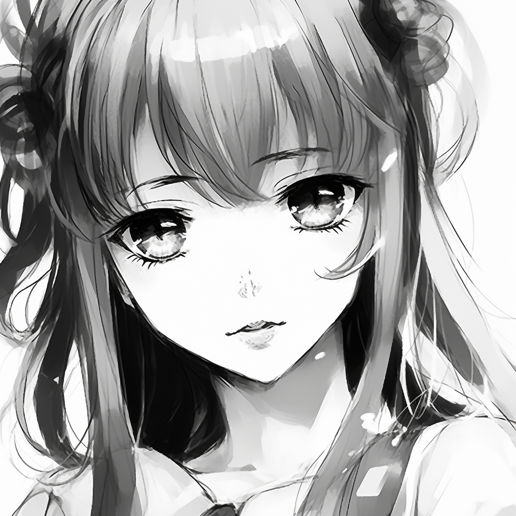 Close-up view of a classic anime girl, high contrast, and emphasis on expressive eyes. classic black and white anime girl pfp pfp for discord.