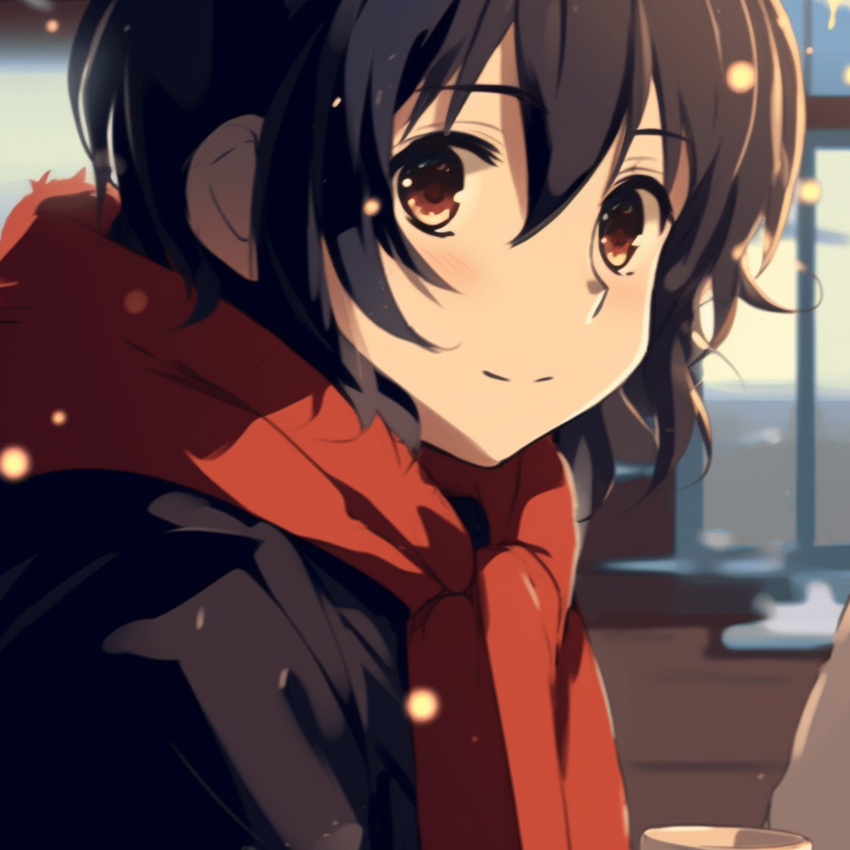 Two anime characters, cozy winter clothes, sharing a warm drink. trendy matching christmas pfp gif pfp for discord.