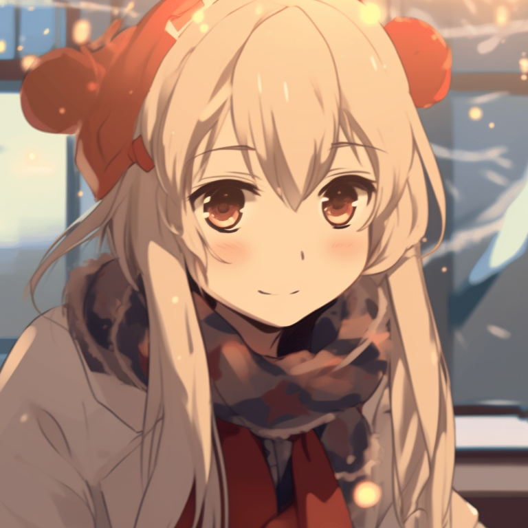 Two anime characters, cozy winter clothes, sharing a warm drink. trendy matching christmas pfp gif pfp for discord.