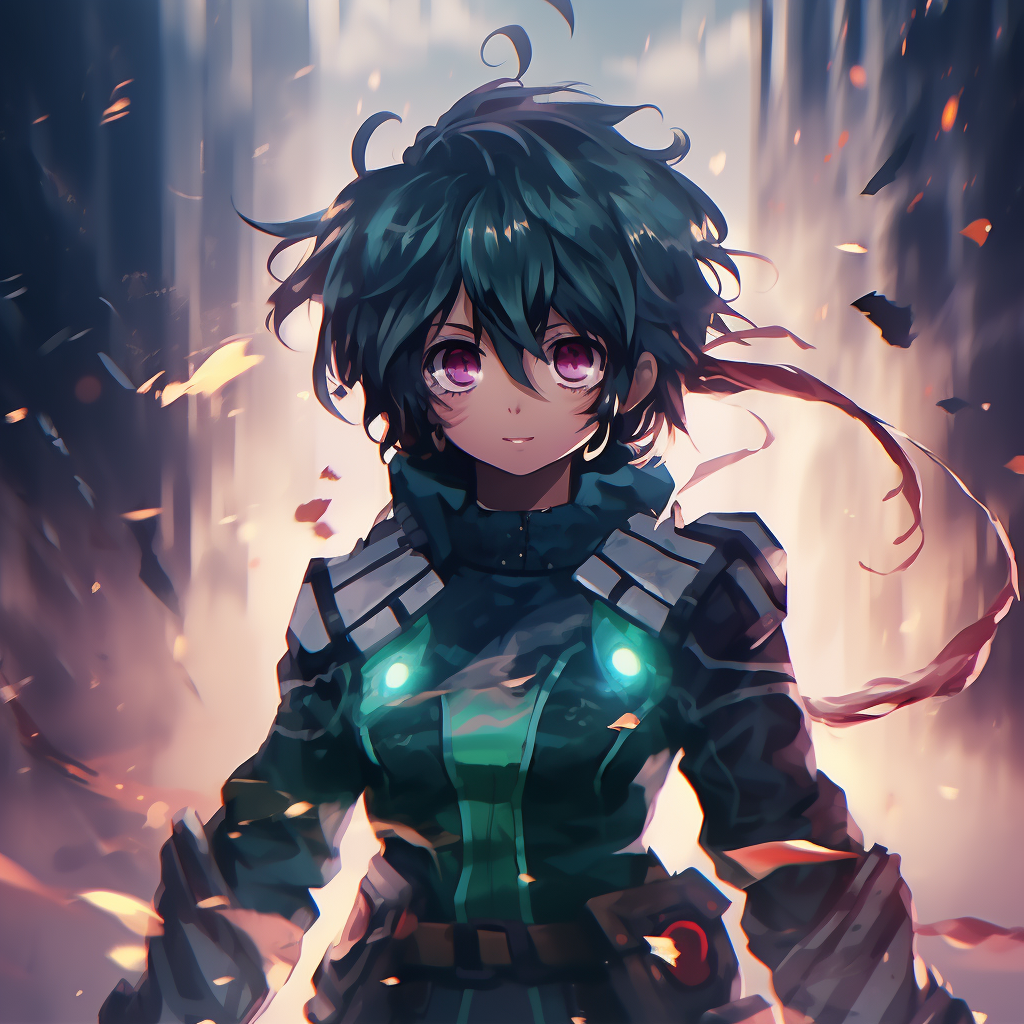 Deku from My Hero Academia in a battle stance, detailed uniform and stirred-up atmosphere. 4k anime scene profile photos