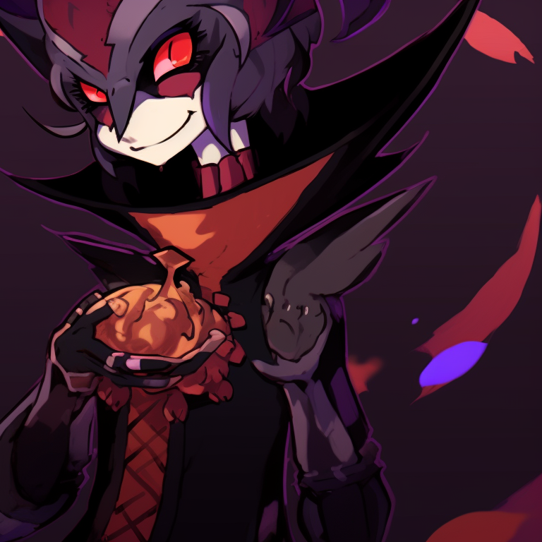 Stolas in demon costume, Blitzo as a bat, silhouette style, detailed gothic background. helluva boss halloween matching pfps pfp for discord.