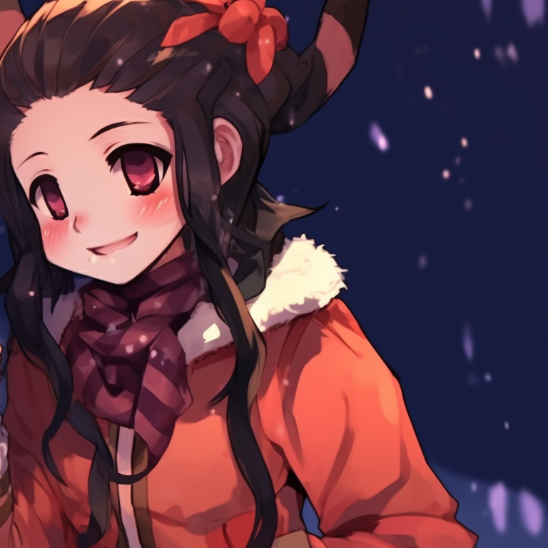Two characters bundled up in reindeer-themed winterwear, sharing a warm drink under a starry winter sky. holiday demon slayer pfps pfp for discord.