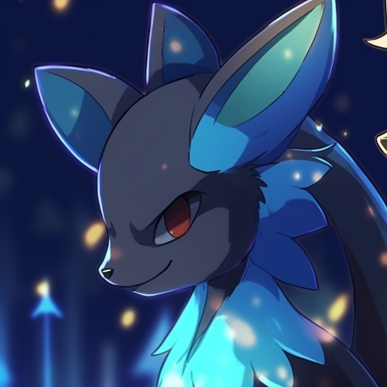 Two Lucarios, one merrily laughing and the other poised, against a backdrop of twinkling Christmas lights. highlighted lucario christmas profile pictures pfp for discord.