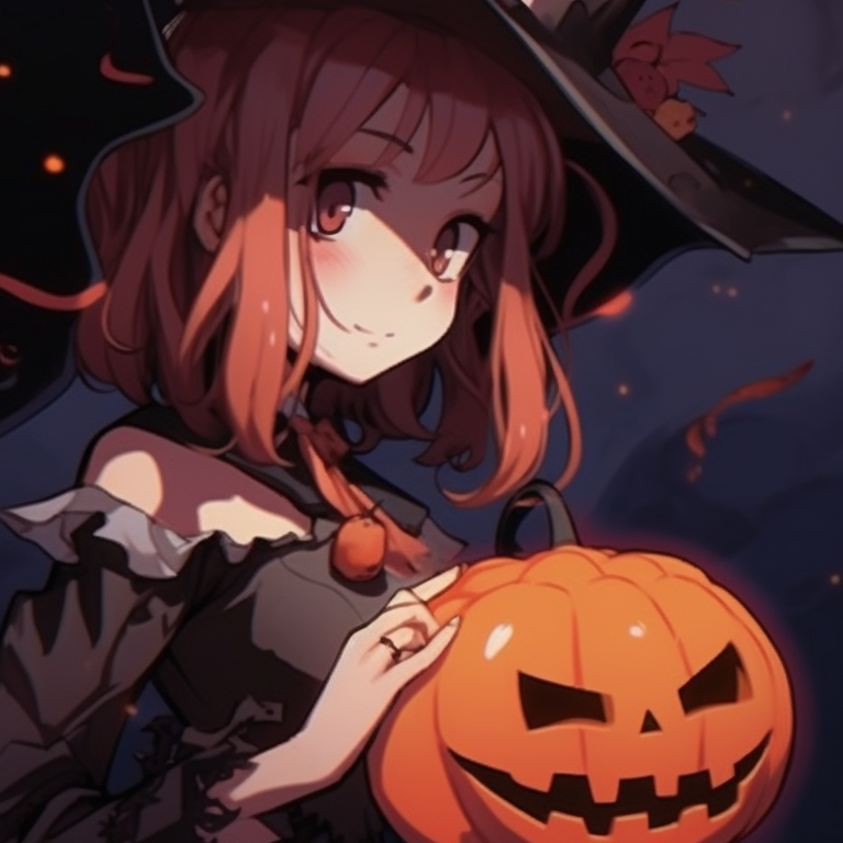 Two anime characters, heavy use of purples and oranges, sitting atop a haunted roof. unique halloween matching pfp pfp for discord.