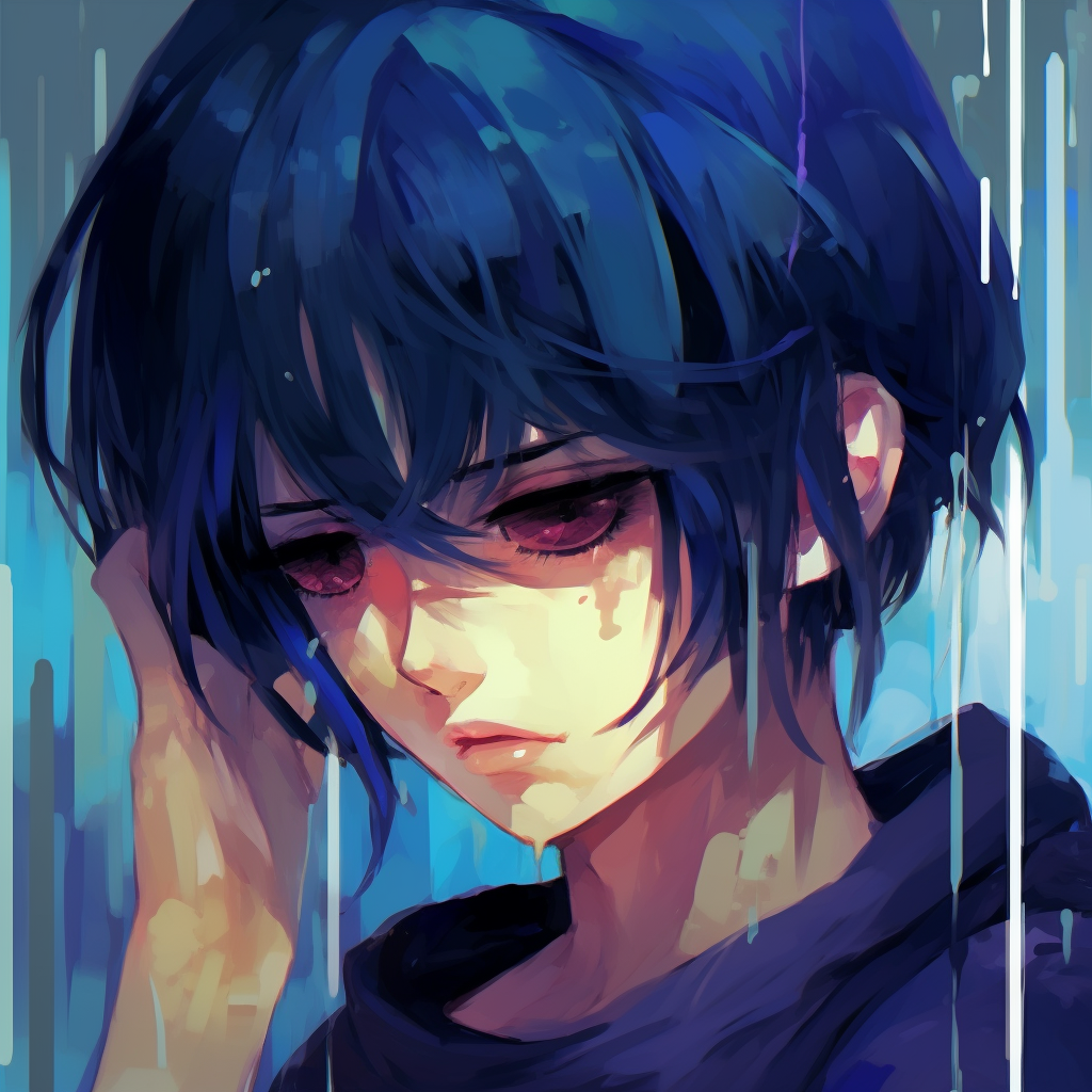 Tear trickling down an anime character's cheek, highly accentuated eyes with reflective shade. depicted sadness in anime pfp