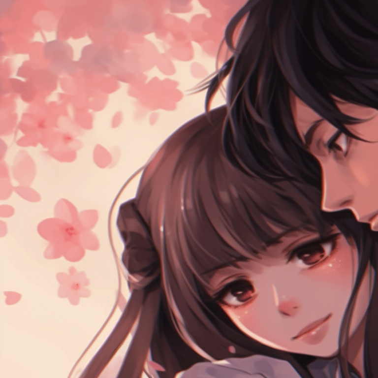 Two characters under a cherry blossom tree, using soft pastel colors and detailed floral designs. classic matching anime pfp for couples pfp for discord.