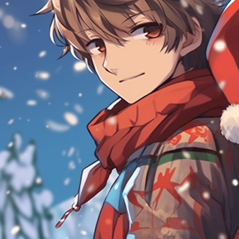 Two characters building a snowman, detailed patterns on their winter attire, exuding a playful vibe. christmas matching pfp for festive pfp for discord.