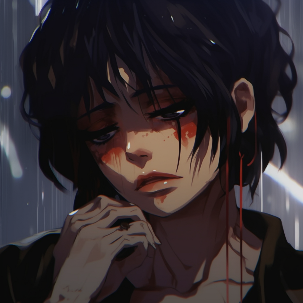 Close-up on a crying anime girl's face, showcasing her tear-streaked cheeks, characterized by soft shading and a somber color palette. crying female anime pfp pfp for discord.
