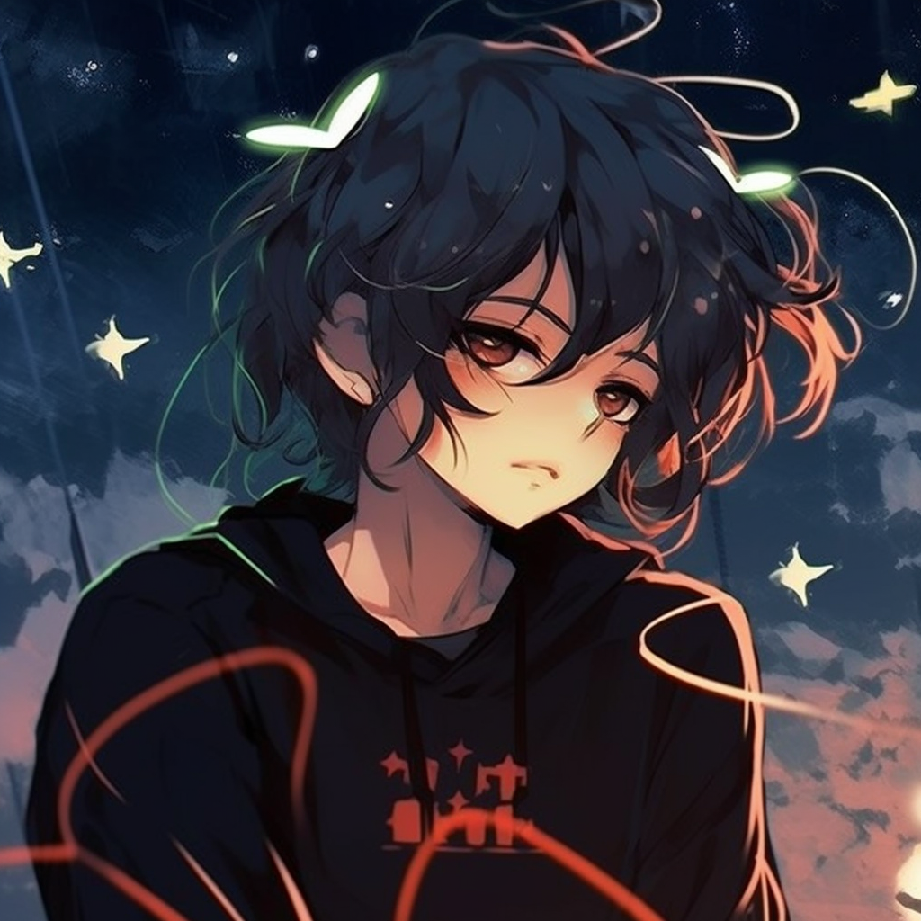 Profile of an anime character lost in contemplation in the midst of nightfall, featuring deep shadows and minimalistic style. anime depressed pfp: unique variants pfp for discord.