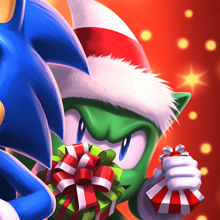 Sonic and Tails in Santa outfits amidst holly decorations, rich festive colors. matching sonic christmas pfp for boys pfp for discord.